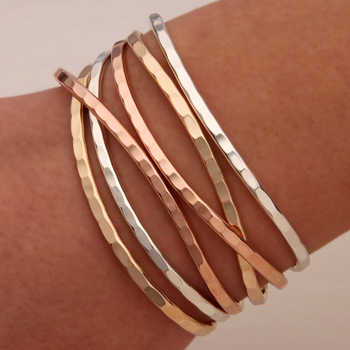 Thin Hammered Cuff Bracelets Gold Rose Gold Silver Etsy