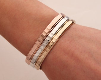 Thick Hammered Cuff Bracelets, Gold, Rose Gold, Silver