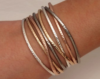 Thin Hammered Cuff Bracelets, Gold, Rose Gold, Silver, Niobium (350cur.350str.8)