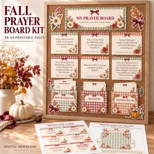 May include: A fall prayer board kit featuring a cork board with printable cards, pockets, and floral accents. The text includes My Prayer Board, scripture verses, and labels for Prayer Requests, Gratitude, and Answered Prayers.