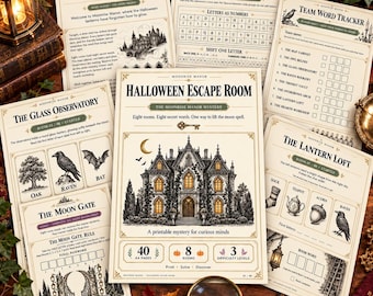 Utskrivbart Halloween Escape Room-spel, 8 mystiska rum och 3 svårighetsgrader