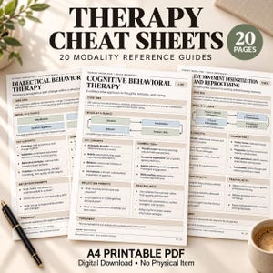 Op de afbeelding: Een set van 20 printbare A4-therapie-spiekbriefjes met referentiegidsen voor modaliteiten zoals dialectische gedragstherapie, cognitieve gedragstherapie en EMDR. De documenten bevatten kernideeën, sleutelconcepten en reflectievragen.