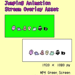以下が含まれることがあります： MiJoca Friends Jumping Animationというタイトルのデジタルストリームオーバーレイアセット。7体の小さなカラフルな漫画のキャラクターが並んでいます。このアセットは、1920 x 1080 pxの解像度で、MP4グリーンスクリーン、MP4白背景、透明GIFとして提供されています。