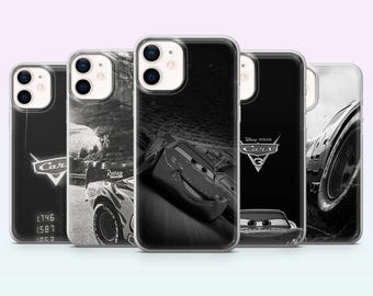 Funda negra para teléfono McQueen con diseño de dibujos animados de Cars para iPhone 17, 16, 15, 14, 13, 12, Samsung S26, S25, S24, S23, A16, A56, Pixel 10, 9Pro