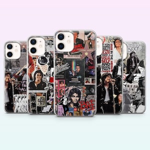 May include: Five phone cases showcasing a collage of images and text related to Michael Jackson. The cases feature photos of the artist, album covers, and song titles, with a clear protective cover.