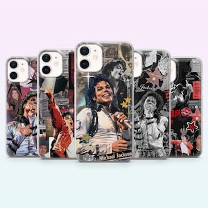 May include: Five clear phone cases showcasing images of Michael Jackson. Each case presents a unique collage of photos, including performance shots and the singer's name. The cases have a glossy finish and are designed for a smartphone.