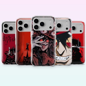 Könnte beinhalten: Fünf Handyhüllen mit Illustrationen im Anime-Stil. Die Hüllen zeigen Charaktere in Rot-, Schwarz- und Weißtönen. Jede Hülle hat einen transparenten Rand und eine Kameraaussparung.