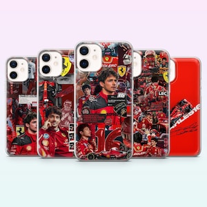 May include: Several phone cases with a collage design, showcasing Formula 1 racing imagery. The cases feature a driver in a red racing suit, the Ferrari logo, and the text "CHARLES LECLERC". The cases are in various designs.