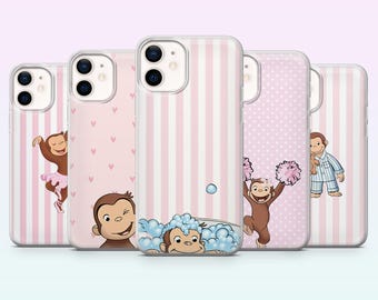 Pink Monkey telefoonhoesje Curious George Animal Cover voor iPhone 17, 16, 15, 14, 13, 12, Samsung S26, S25, S24, S23, A16, A56, Pixel 10, 9Pro