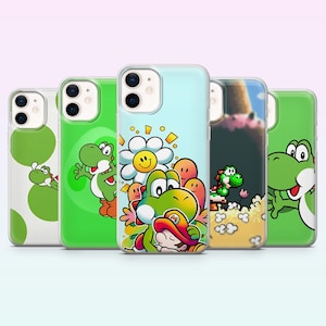 May include: Five phone cases with colorful designs featuring the character Yoshi. The cases have a clear, glossy finish and showcase various Yoshi-themed graphics, including a daisy, pixel art, and Yoshi himself. The cases are green, blue, and white.