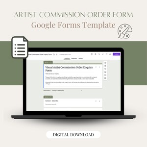 Op de afbeelding: Een laptop toont een Google Forms-sjabloon voor kunstenaarsprovisies. Het scherm toont een formulier met de titel "Visual Artist Commission Order Enquiry Form". De afbeelding bevat de tekst "ARTIST COMMISSION ORDER FORM" en "DIGITAL DOWNLOAD".