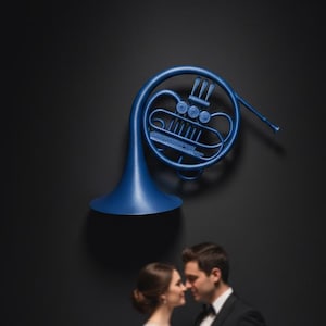 May include: A blue French horn sculpture is mounted on a black wall above a couple in formal attire. The man wears a black tuxedo, and the woman wears a white wedding dress. The lighting creates a dramatic effect.