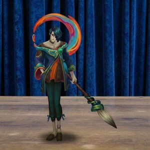 以下が含まれることがあります： 大きな筆を持つ、カラフルな衣装のキャラクターのデジタルイラスト。キャラクターは青とオレンジのコート、ティールパンツ、茶色の靴を着用しています。虹色の弧がキャラクターの頭の後ろに浮かんでいます。