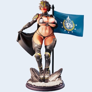 May include: Figurine of a female character in a black bikini top with a skull design and matching bottoms. She wears black armour with yellow accents and high-heeled boots. A blue flag with a white emblem and stars is behind her.