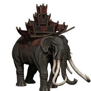 May include: A detailed illustration of a dark gray elephant with large ivory tusks. The elephant carries a tiered structure of wooden platforms and maroon fabric, suggesting a war elephant or ceremonial mount.