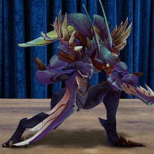 May include: A digital illustration of a creature with a menacing appearance. The creature is primarily purple with accents of red, white, and tan. It has sharp claws and blades, and is posed in a dynamic, ready-to-attack stance.