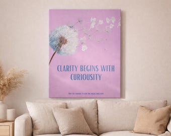 Clarity Begins with Curiosity – Dandelion Wall Art, Inspirational Quote Print, Minimalist Flower Poster, Soft Aesthetic Decor, Digital
