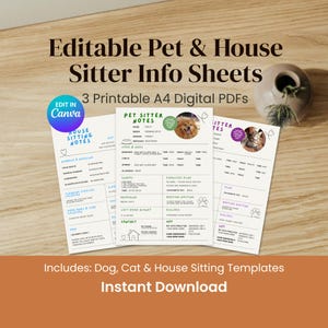 Bearbeitbare Vorlage für Haustiersitter-Anweisungen | Hunde- und Katzenpflegeanleitung | Haus sitzen Notizen - Printable A4 (Digitaler Download)
