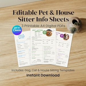 Plantilla editable de instrucciones para cuidadores de mascotas / Guía de cuidado de perros y gatos / Notas para el cuidado de casas - Imprimible en formato A4 (Descarga digital)