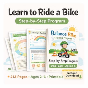 Pode incluir: Um programa passo a passo para aprender a andar de bicicleta. A capa do livro mostra uma criança numa bicicleta de equilíbrio vermelha. O programa tem 213 páginas e é para crianças dos 2 aos 6 anos. A imagem também inclui o texto "Download Instantâneo".