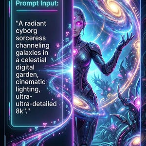 Op de afbeelding: Digitaal kunstwerk met een futuristisch thema. Het toont een cyborg-tovenares met een achtergrond van een melkwegstelsel. Tekst bevat "Revolutioneer je creativiteit met AI" en "Beheers de kunst van AI-generatie."