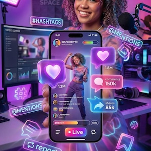 Könnte beinhalten: Werbung für Content-Erstellung, die eine lächelnde Frau mit einem Smartphone zeigt, das einen Live-Video-Feed anzeigt. Das Bild enthält Social-Media-Elemente im Neon-Stil mit dem Text "THE FUTURE OF CONTENT."