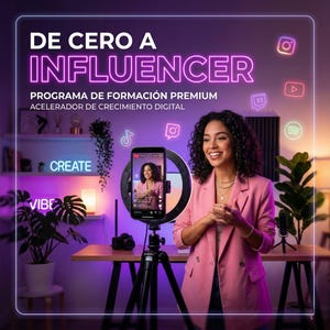 May include: A woman in a pink blazer smiles in front of a smartphone on a tripod with a ring light. The phone displays a live video. The image includes the text "DE CERO A INFLUENCER" and social media icons.