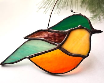 Stained Glass Bird Suncatcher: Teal, Green, Orange, Yellow Window Hanging
