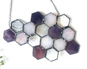 Stained Glass Beehive. Medium Purple Honeycomb Stained Glass Suncatcher.