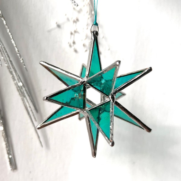 12 Point Moravian Star. Iridescent Teal Glass Star. 3D Stained Glass Suncatcher.