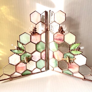 Set Of Two Stained Glass Beehive Corners. Pastel Pink Pale Green Clear Honeycomb Stained Glass Suncatcher.