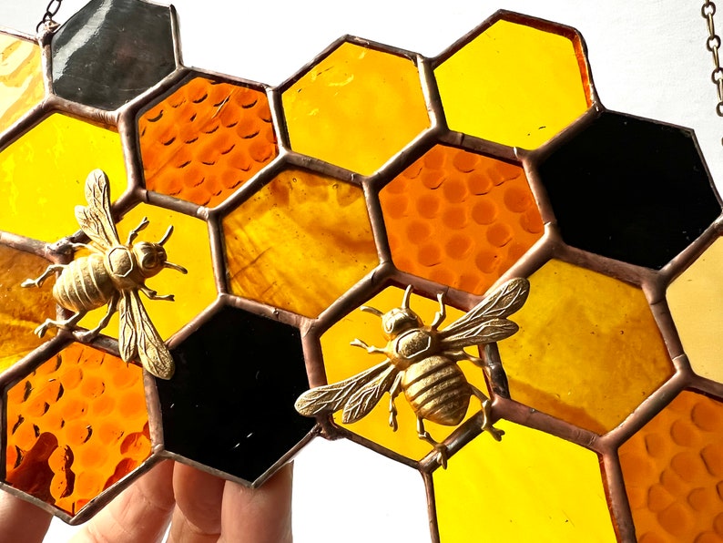 Stained Glass Beehive. Honeycomb Stained Glass Suncatcher. Honeycomb With Bee. image 3