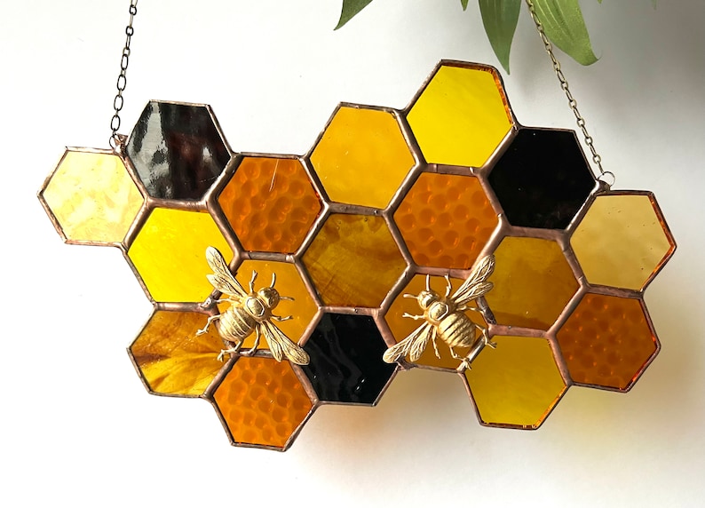 Stained Glass Beehive. Honeycomb Stained Glass Suncatcher. Honeycomb With Bee. image 5