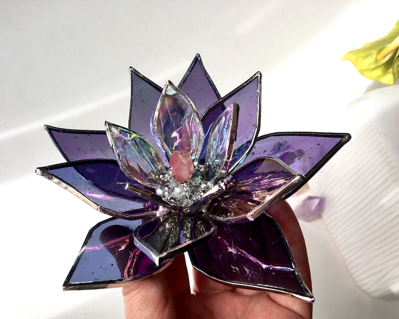 Iridescent Purple Lotus Stained Glass  Crystal Lotus Flower Bohemian Stained Glass Flower 5 Wedding Favor Lotus With Quartz Crystal