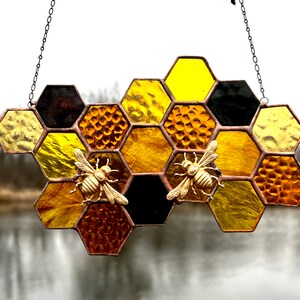 Stained Glass Beehive. Honeycomb Stained Glass Suncatcher. Honeycomb With Bee. image 4