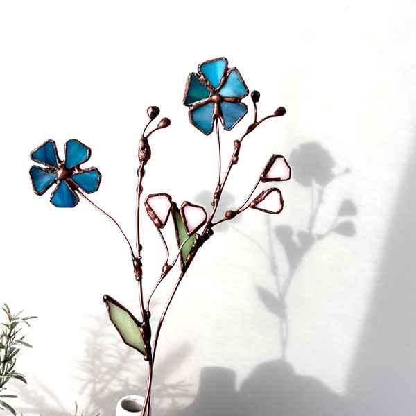Wildflowers Meadow Blue Flowers. Stained Glass Spring Flowers. Stained Glass Field Woodland Plants. Garden Plant Stake. Home Decor.