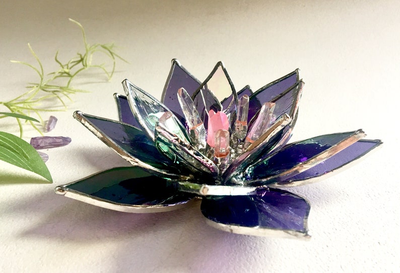 Iridescent Purple Lotus Stained Glass Crystal Lotus Flower Bohemian Stained Glass Flower 5 Wedding Favor Lotus With Quartz Crystal
