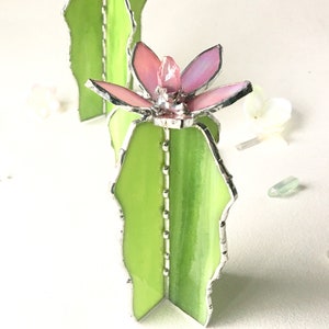 Stained Glass Cactus with Flower And Crystal: Green Succulent Decor