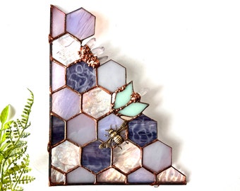 Stained Glass Beehive Corner. Honeycomb Stained Glass Suncatcher.