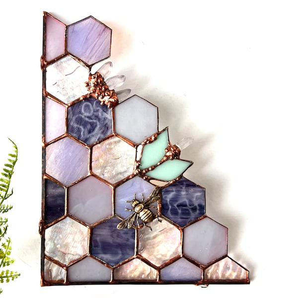 Stained Glass Beehive Suncatcher: Violet Honeycomb Window Corner