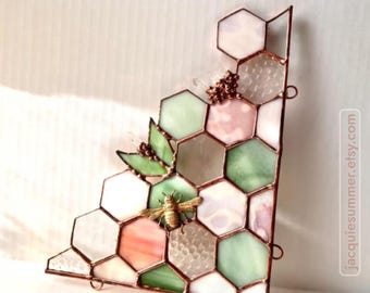 Stained Glass Beehive Window Corner Suncatcher: Honeycomb with Bee & Crystals