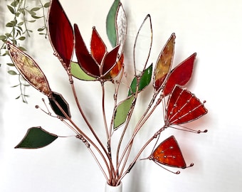 Wildflowers Meadow Flower Bouquet. Stained Glass Red Spring Flowers. Garden Flowers Green Plant Stake. Garden Stake. Home Decor.