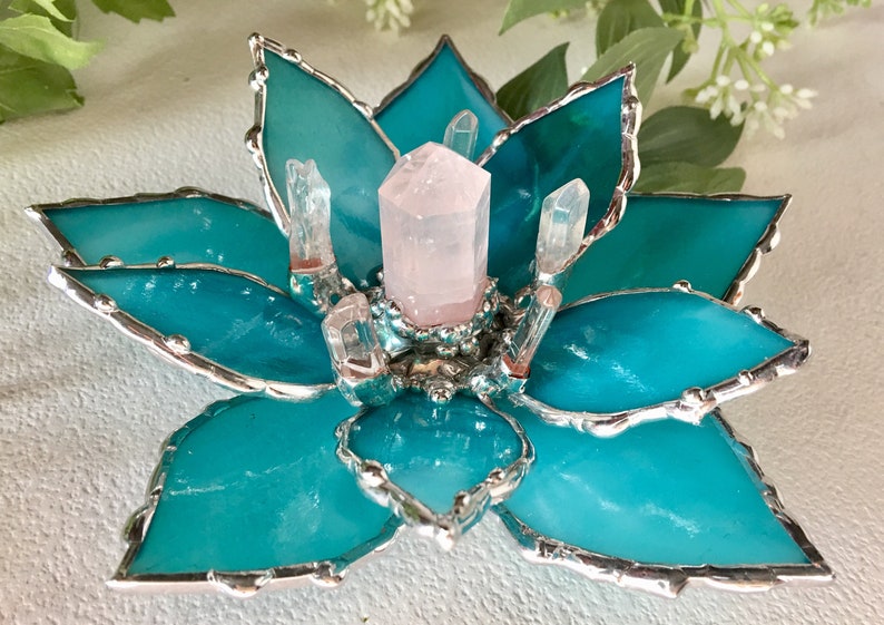 Bohemian Stained Glass Flower Wedding Favor Stained Glass Lotus Flower Lotus With Rose Quartz Crystal