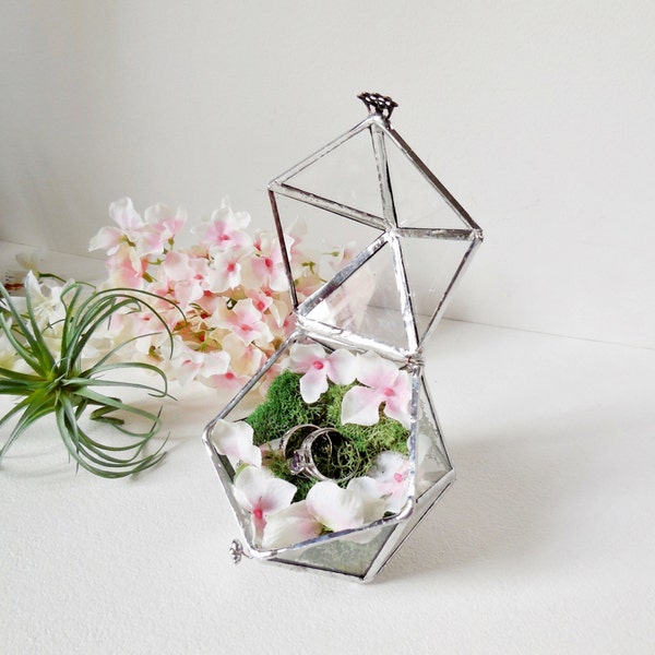 Glass Terrarium, Ring Bearer Wedding Ring Box, Clear Glass Planter Geometric, Icosahedron With a Hinged Lid. Made To Order