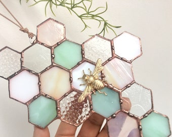 Stained Glass Beehive Suncatcher: Honeycomb with Bee Decor