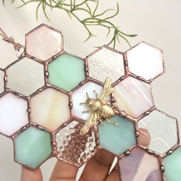 Stained Glass Beehive Suncatcher: Honeycomb with Bee Decor