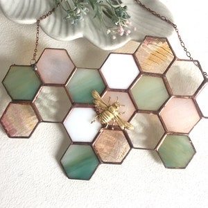 Stained Glass Beehive. Honeycomb Stained Glass Suncatcher. Honeycomb With  Bee.