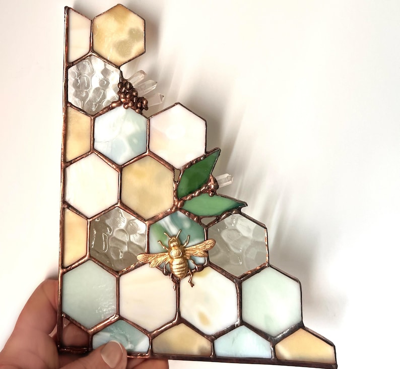 Stained Glass Beehive Corner In Shades Of Green And Creams Textured Honeycomb Stained Glass Suncatcher.