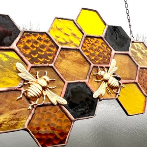 Stained Glass Beehive. Honeycomb Stained Glass Suncatcher. Honeycomb With Bee. image 1