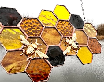 Stained Glass Beehive. Honeycomb Stained Glass Suncatcher. Honeycomb With  Bee.